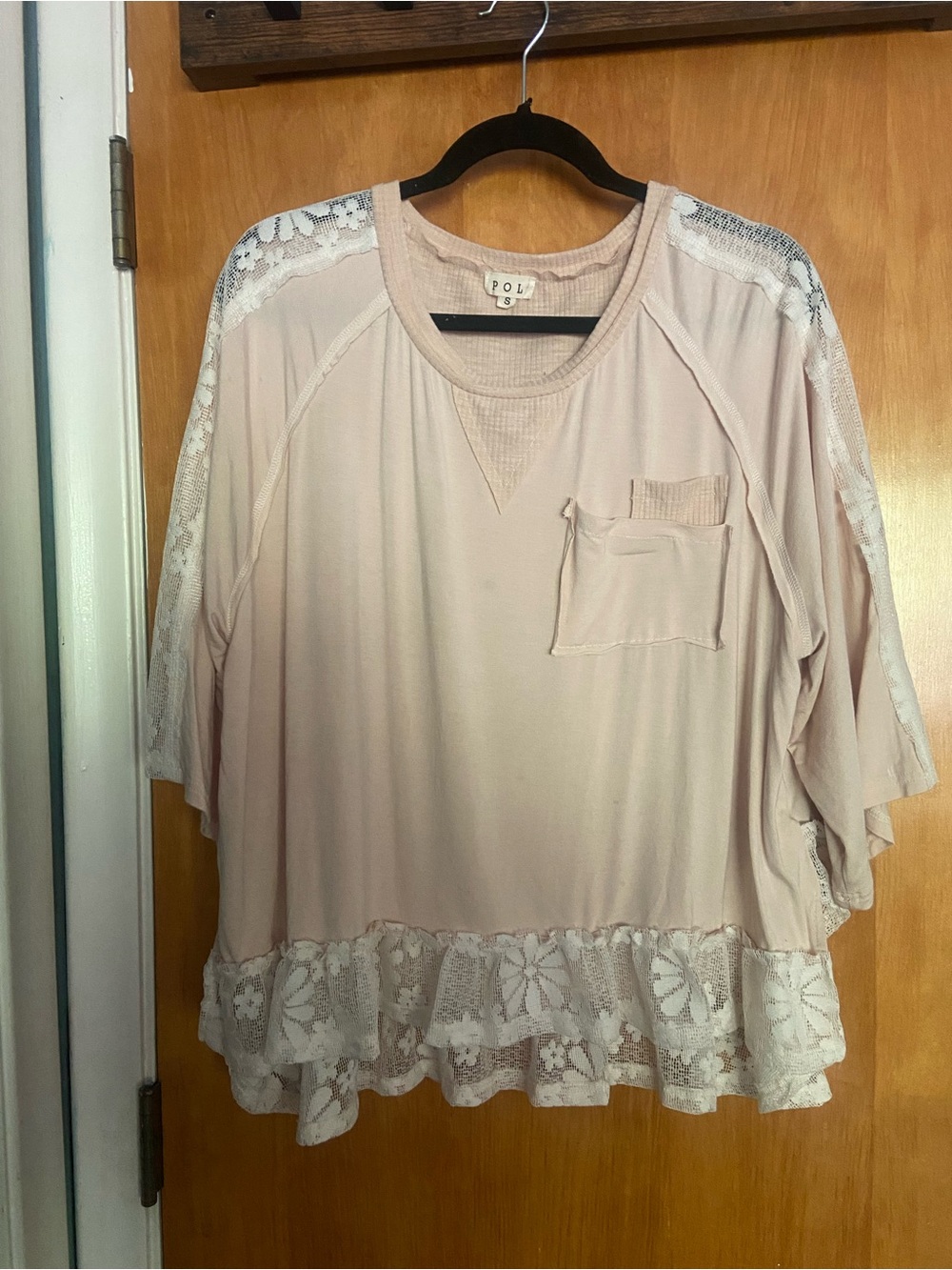 POL Blush Lace-Trim Oversized Tunic Top with Lace Sleeves/Trim SEE PHOTOS